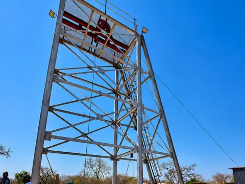 Portrait view of steel shaft headgear at Anzac Antimony Mine.