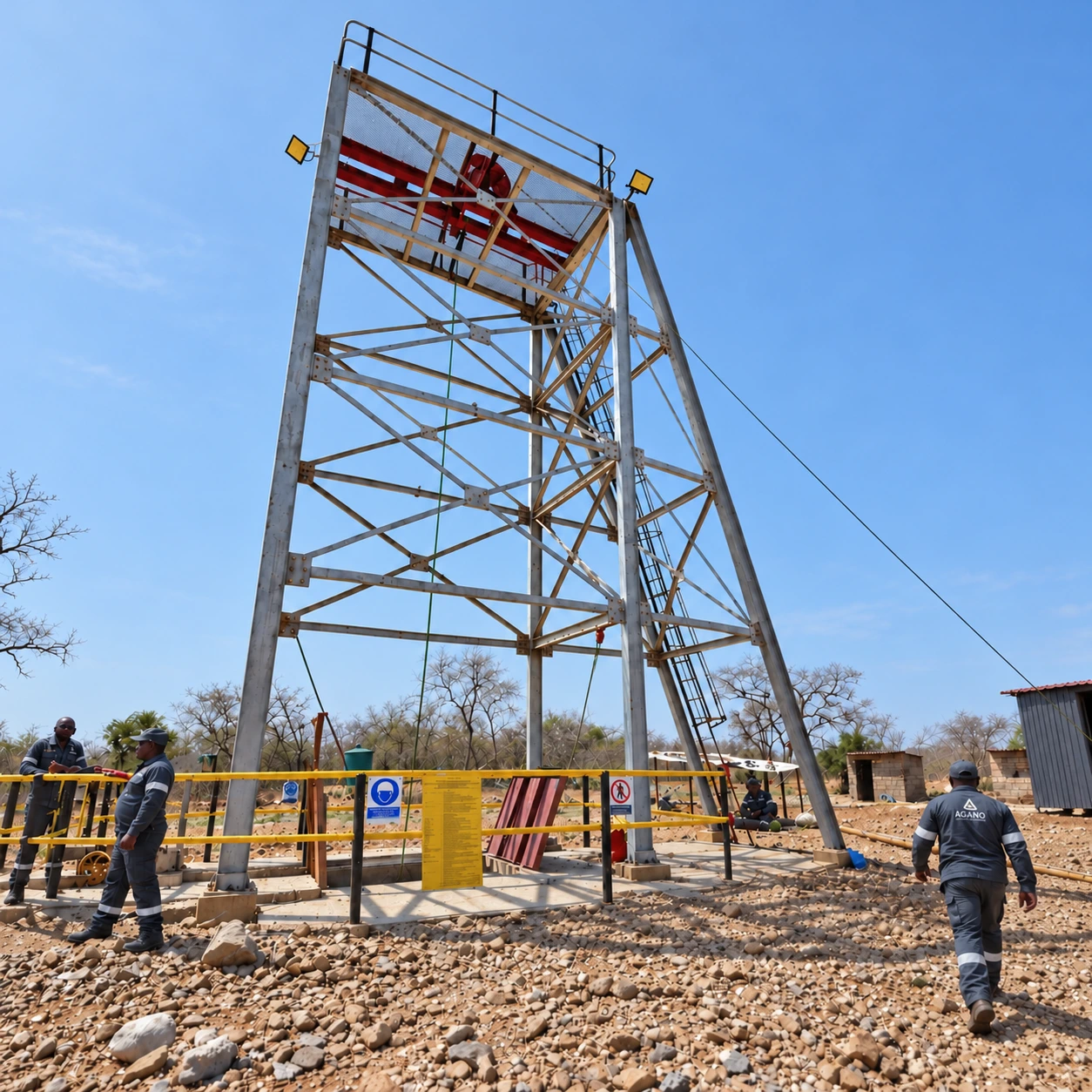 Steel mine headgear and yellow safety railing at LonRho.
