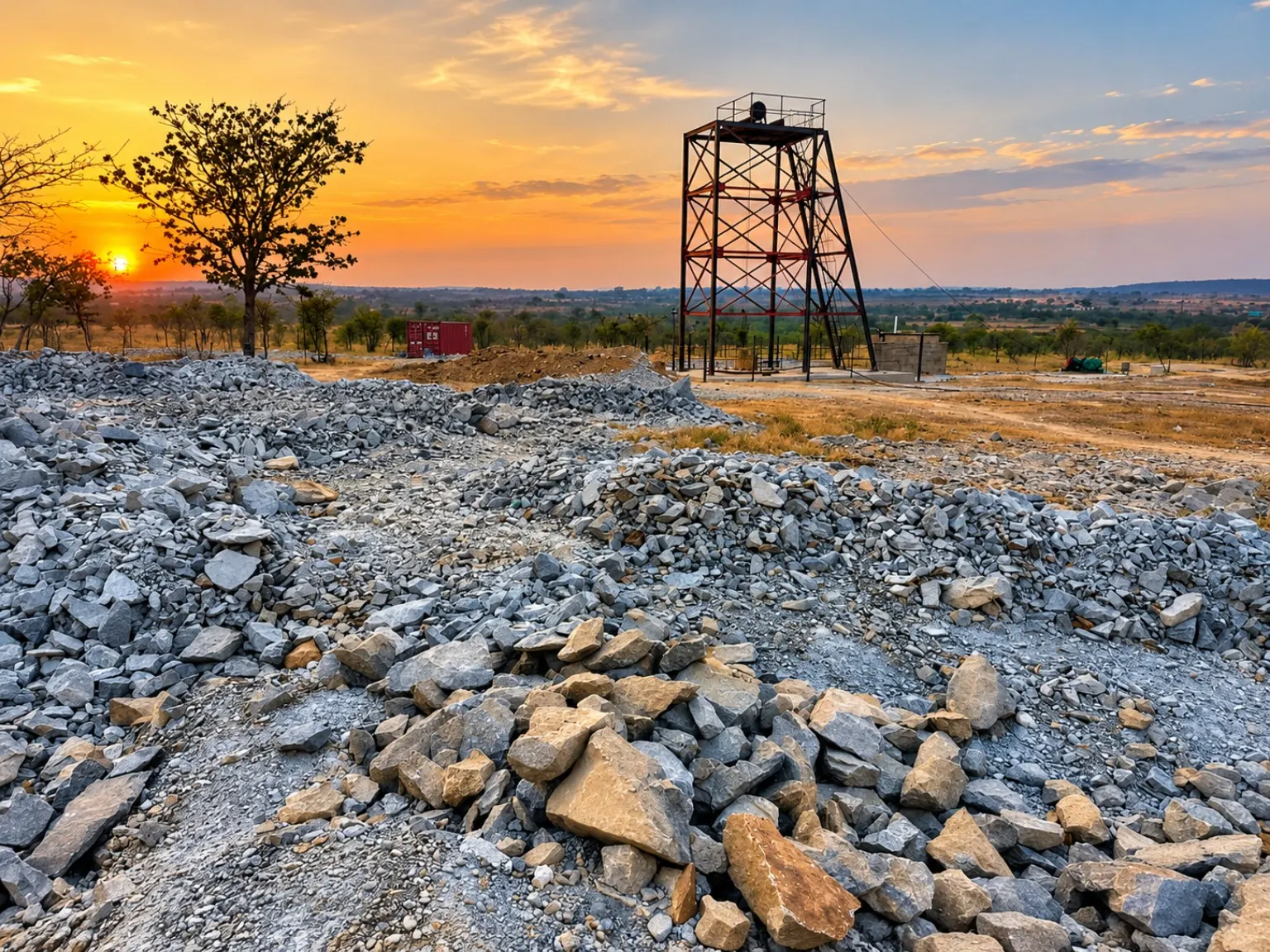 Material stockpiles and mine headgear beneath a sunset sky.
