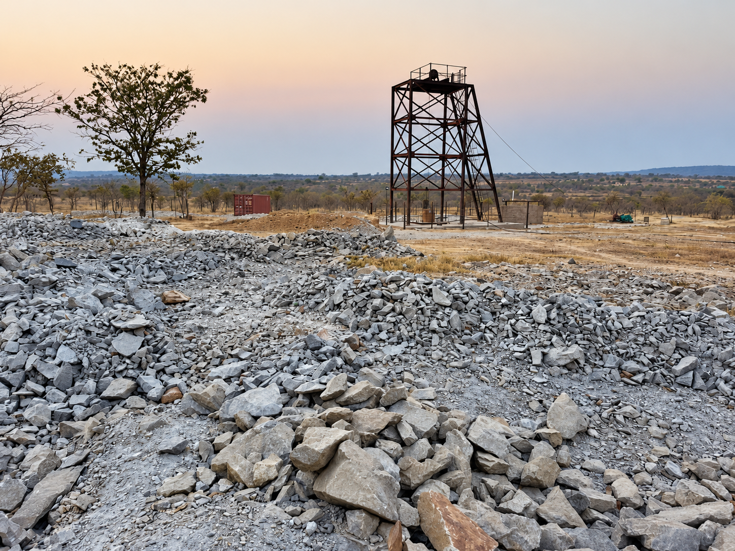 Mine headgear above rock stockpiles beneath a softly coloured sky.