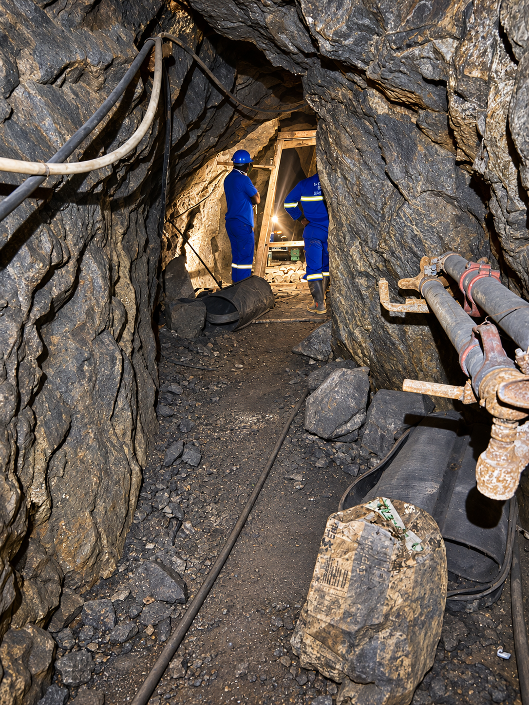 Mining team inside an underground rock tunnel.