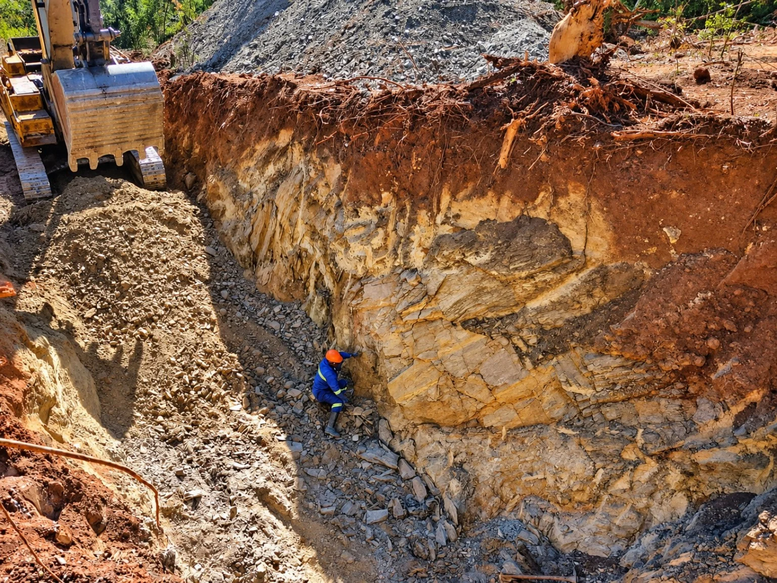 An excavator and a worker beside exposed rock in a surface excavation.