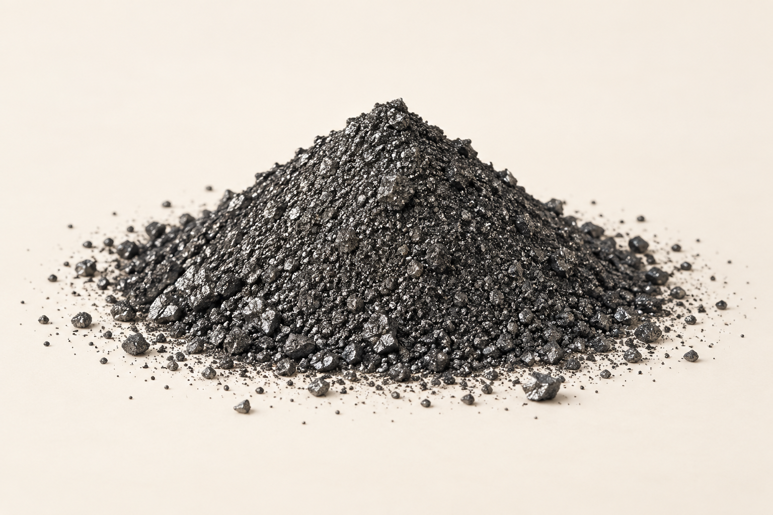 Illustrative finely crushed dark-grey antimony concentrate.
